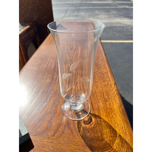 Mid Century Vintage 9” etched glass. Tall Stemmed glass hurricane candle holder or parfait glass featuring a wheat pattern.