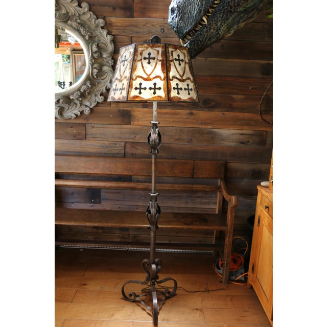 Early 20th Century Spanish Revival Hand-Wrought Iron Floor Lamp With Mica Shade & Copper Cross Motif For Sale - Image 4 of 18