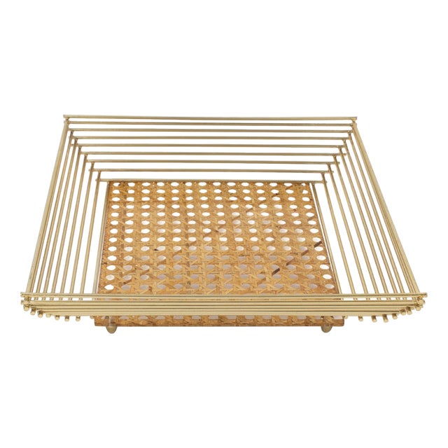 Italian Lucite, Rattan and Brass Barware Serving Tray, circa 1970 For Sale