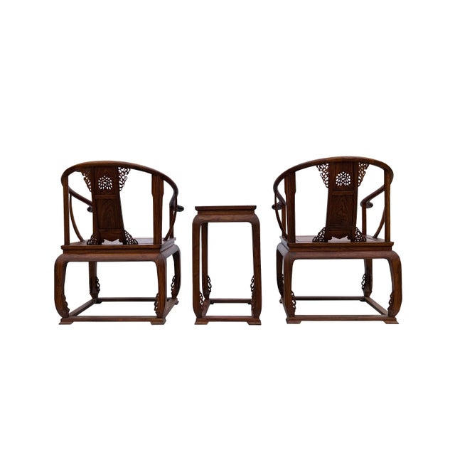 3 Pieces Set Chinese Yellowish Brown Ru Yi Horseshoe Armchair Table For Sale - Image 4 of 7