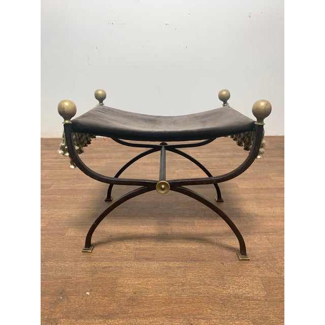 Campaign C.1920s Wrought Iron Cerule Bench With Bronze Pommels For Sale - Image 3 of 8