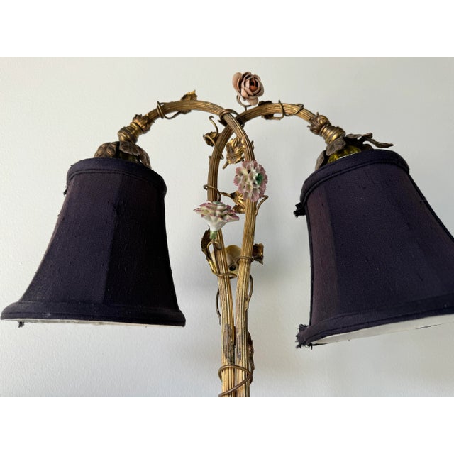 Metal 1960s Italian Hollywood Regency Gilt Tole and Porcelain Flowers Desk Lamp/ Sold For Sale - Image 7 of 12