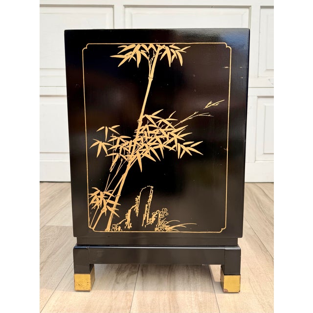 Vintage Chinoiserie Black Lacquer Nightstand Cabinet With Carved Stone Figures For Sale - Image 10 of 13