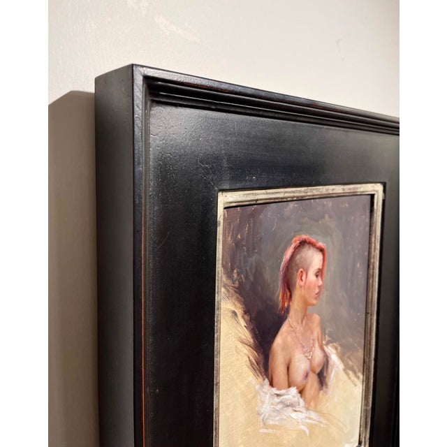 Figurative Sam by Derek Harrison | Oil on linen Portrait of a woman with short hair and a necklace. For Sale - Image 3 of 5