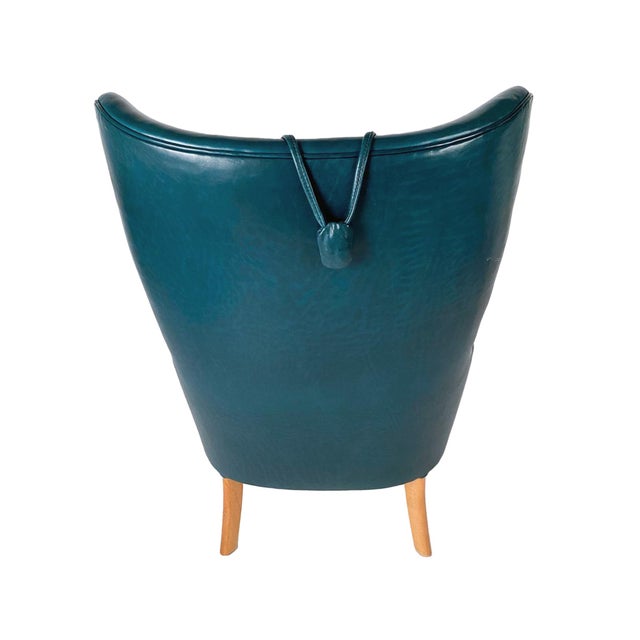 Mid-Century Modern Danish Modern Teal Green Leather Wingback Armchair in the Style of Ole Wanscher For Sale - Image 3 of 18