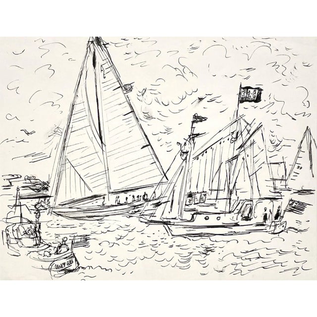 A 1950s ink on paper scene of a sailing regatta by artist Francis Chapin. estate stamped. Artwork size: 11" x 14". Matted...