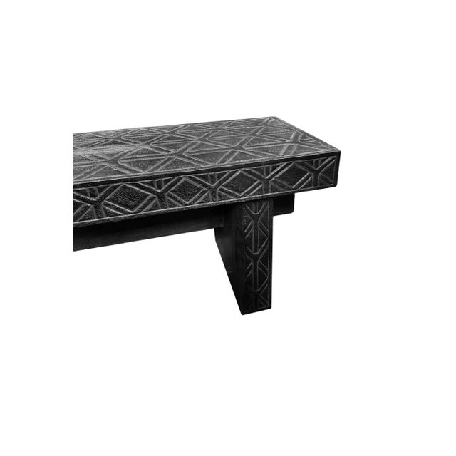 Wood Sculptural Mango Wood Bench, Carved Detailing, Burnt Finish Modern Organic For Sale - Image 7 of 8