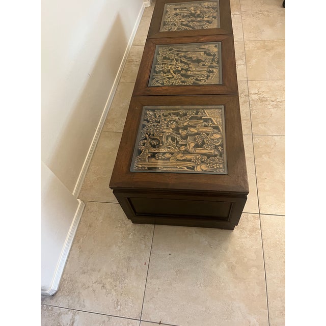 Vintage South East Asian Hand-Carved Five-Drawer Coffee Table With 3 Piece Glass Top Insets For Sale - Image 11 of 12