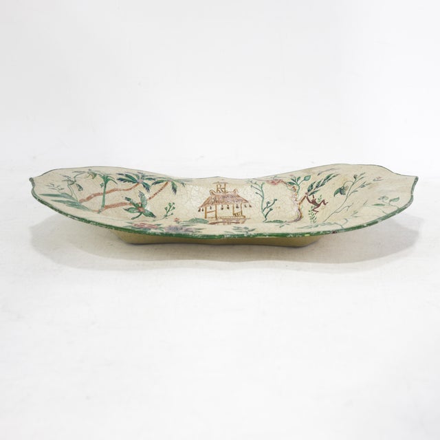 Chinoiserie Vintage Scalloped Decorative Tray With Hand-Painted Elephant and Jungle Motif For Sale - Image 3 of 12