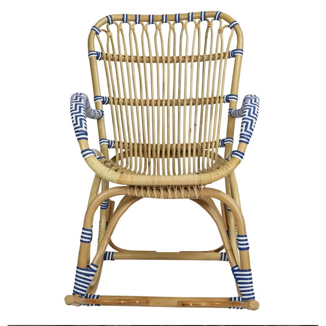Wood Matthew Izzo Home Cannes Tan, Blue, and White Rattan Rocking Chair For Sale - Image 7 of 7