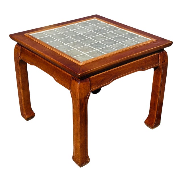 Vintage Ming Style Elmwood Square Coffee Table With Tile Inlay Top – Asian Chinoiserie Hardwood Accent Table With Horse Hoof Legs For Sale