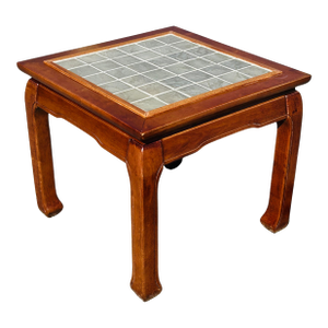 Vintage Ming Style Elmwood Square Coffee Table With Tile Inlay Top – Asian Chinoiserie Hardwood Accent Table With Horse Hoof Legs
