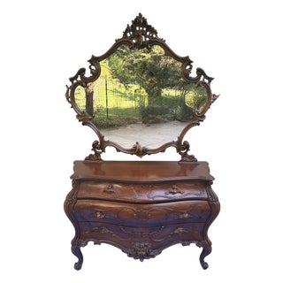 Antique Art Nouveau Hand Carved Mahogany Dresser and Mirror For Sale