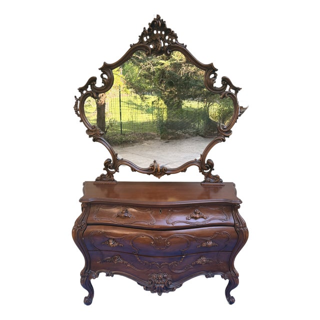 Antique Art Nouveau Hand Carved Mahogany Dresser and Mirror For Sale