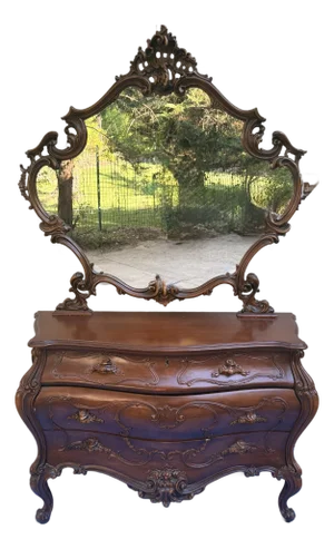 Antique Art Nouveau Hand Carved Mahogany Dresser and Mirror