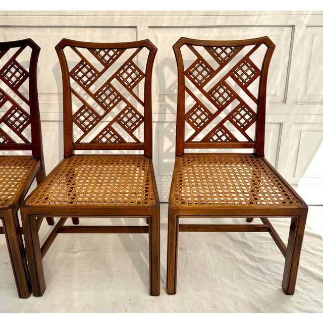 Chinoiserie Set of 4 Chinese Chippendale Chinoiserie Fretwork Chairs With Caned Seats For Sale - Image 3 of 12