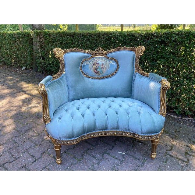 1920 French Louis XVI Gold Beech Blue Velvet Settee 1pc For Sale - Image 12 of 13