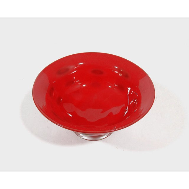 2000 - 2009 2002 Signed Hand-Blown Art Glass Double-Handled Cup Small Bowl - Bright Red With Yellow Polka Dots For Sale - Image 5 of 10