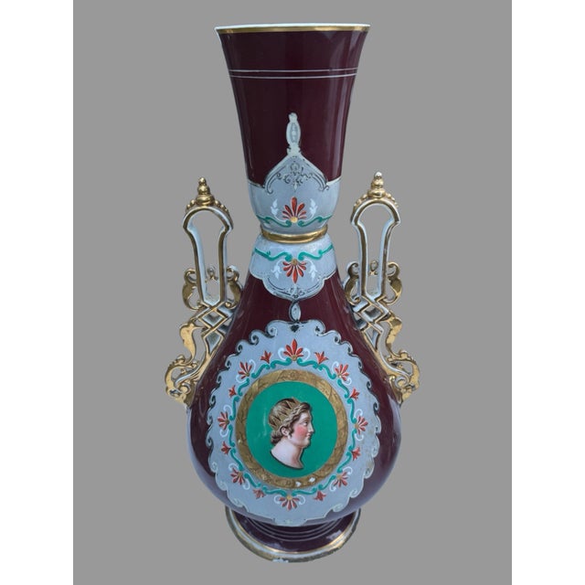 Victorian Pair Antique 19” Hand Painted Gilt Decorated Old Pair Porcelain Portrait Handled Vases For Sale - Image 3 of 11