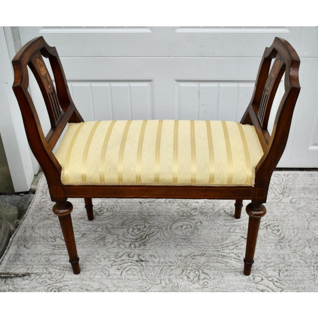 Antique Regency Walnut Vanity Bench Double Arm Inlaid Wood Gold Stripe 1910s For Sale - Image 10 of 13