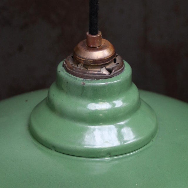 Mid-Century Modern Vintage French Industrial Pendant Lamp in Green Enamel with Brass Top For Sale - Image 3 of 5