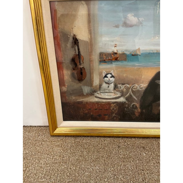 Soicher Marin - Alan Kingsbury St. Ives Giclee Framed. Gold Frame, gentleman and cat by the coast. Original retail $530....