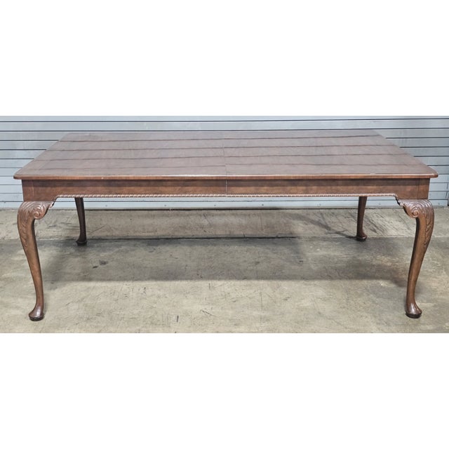 Baker Stately Homes Queen Anne Burled Walnut Extension Dining Table 4 Leaves From the prestigious "Stately Homes...