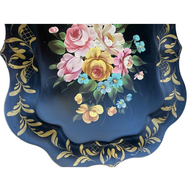 Lovey Large Vintage Mid Century Hand Painted Floral & Black Tea Tray. The tray is in excellent condition for the age and...