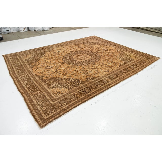 Persian 10 X 13 Vintage Tabriz Handmade Designed Wool Rug in Tan Color For Sale - Image 3 of 10