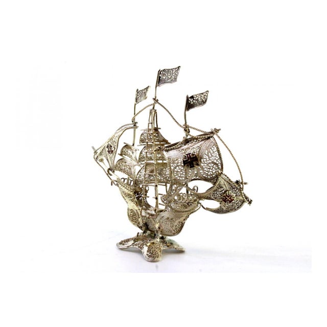 Metal Silver Filigree Caravel with Flags and Portuguese Symbols For Sale - Image 7 of 9