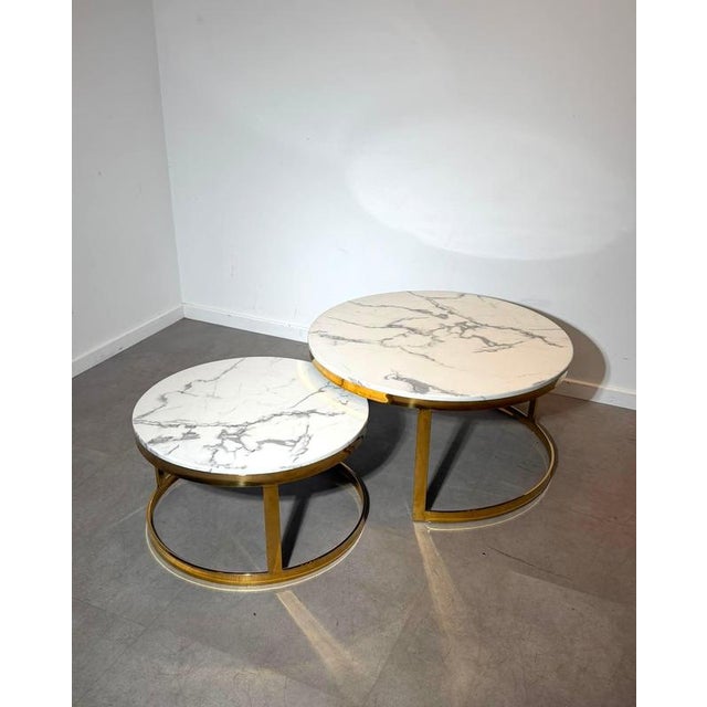 Round Marble Look Coffee Tables, Set of 2 For Sale - Image 4 of 5