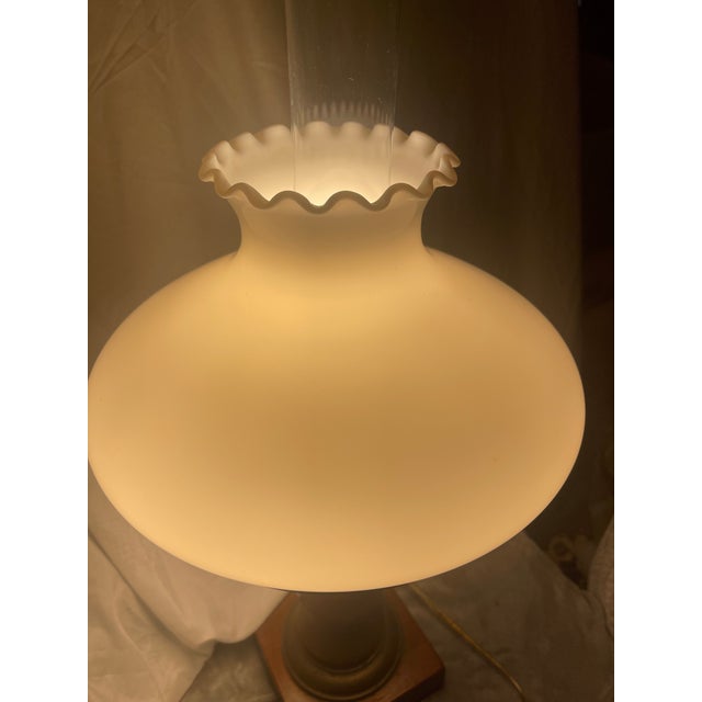 Vintage Quoizel 3-Way Hurricane Lamp Brass W/ Wood Base & Milk Glass Shade For Sale - Image 9 of 11
