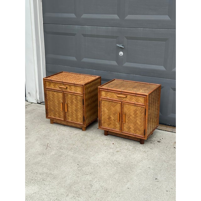 Boho Chic 1980s Faux Bamboo and Herringbone Cane Nightstands - A Pair For Sale - Image 3 of 12