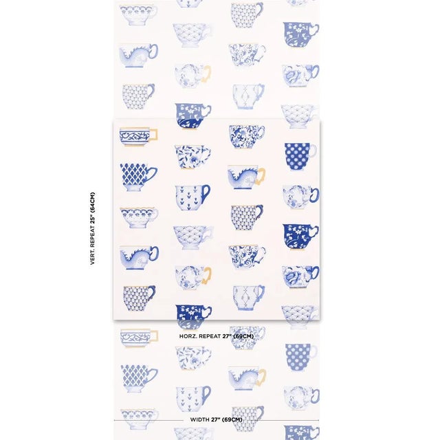 Based on hand-painted artwork, this unique mid-scale wallpaper depicts an elegant arrangement of porcelain teacups...