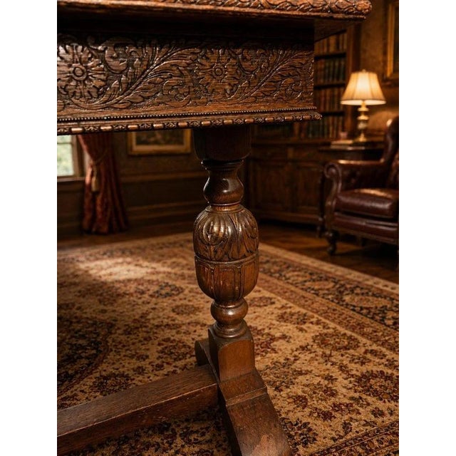 1930s Antique Carved Oak Beauchief Baptist Church Memorial Refectory Table, 1936 For Sale - Image 5 of 12