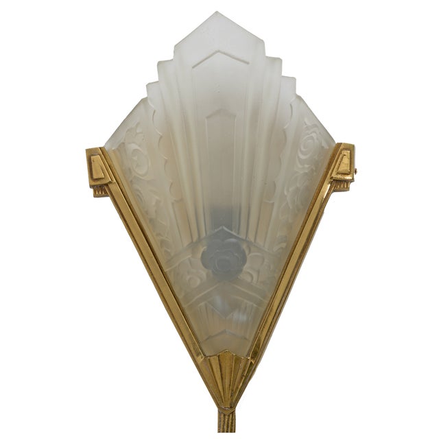 Art Deco Pressed Glass and Brass Sconces, France, 1930s For Sale