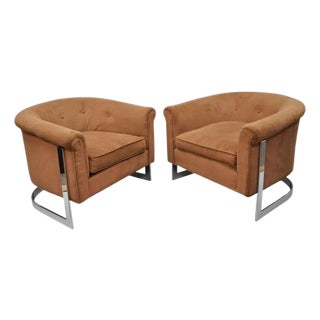 Mid Century Modern Milo Baughman Chrome Barrel Back Club Lounge Chairs - A Pair For Sale