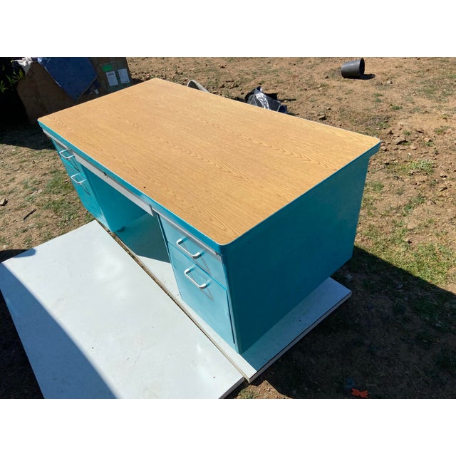 Cole Steel Allsteel Vintage Mid Century Modern Metal Tanker Desk For Sale - Image 4 of 12