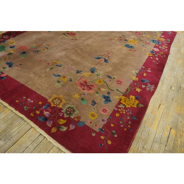 Ecru 1920s Tan Ecru Floral Antique Chinese Art Deco Rug 8'8' 'X 11'6'' Knotted Wool Carpet For Sale - Image 8 of 9