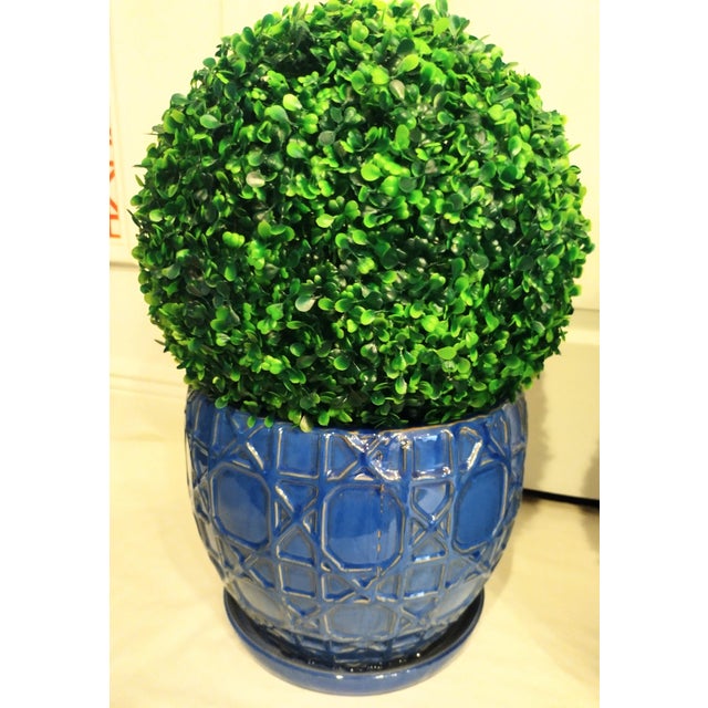 Huge Navy Blue Trellis Pattern Palm Beach Regency Glazed Ceramic Large