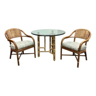 Late 20th Century McGuire Barrel Back Arm Chairs + Table , Set For Sale