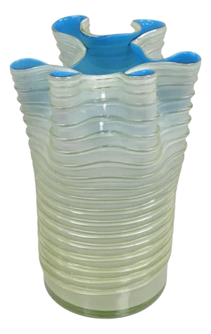 Vintage Murano Style Mid Century Italian Modern Blue Ribbed Napkin Handkerchief Vase