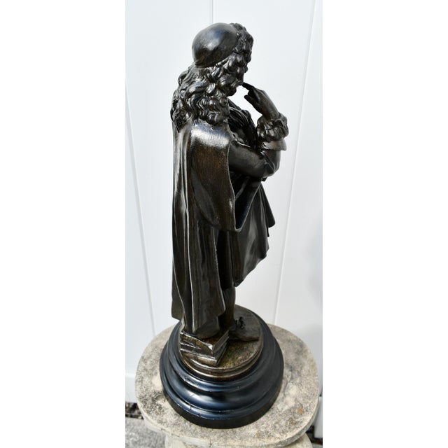 Brown Antique Spelter Figure of European Renaissance Scholar on Wooden Base For Sale - Image 8 of 13