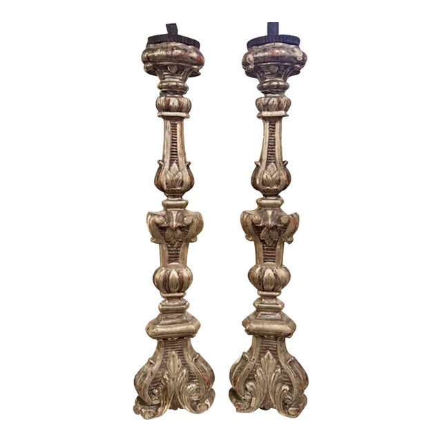 19th Century Italian Carved Silver Leaf Altar Sticks For Sale