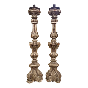 19th Century Italian Carved Silver Leaf Altar Sticks
