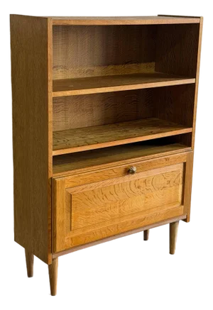 Oak Bookcase With Open Shelves and Drop-Down Door Danish Mid-Century Modern 1960s