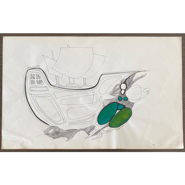Green Armando Villagran, Surrealist Latin American Mixed Media - Woman In Green Pants With Ship, 1971 For Sale - Image 8 of 8