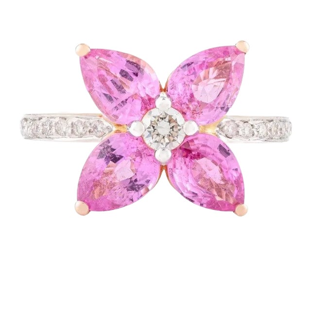 Pear Cut Pink Sapphire Diamond Floral Ring for Wedding Ring Size 7 For Sale