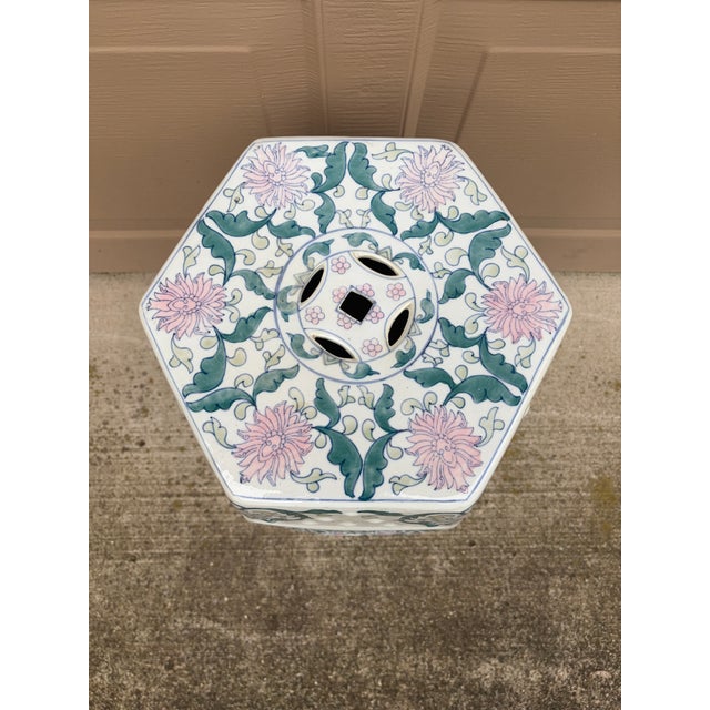 Pink Late 20th Century Chinoiserie Floral Green and Pink Porcelain Garden Stool or Side Table For Sale - Image 8 of 9