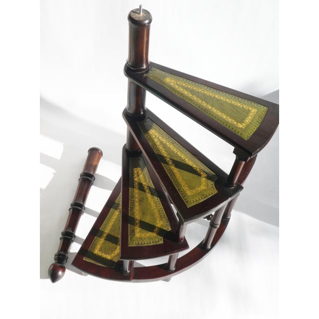 Brown Victorian Wooden Library Stairs in Green Leather, 1940s For Sale - Image 8 of 11